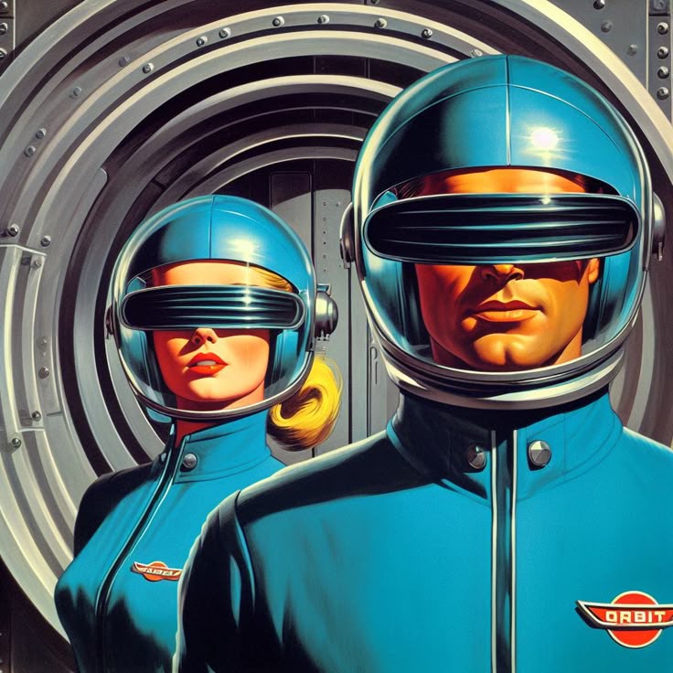 Dupla com capacete espacial retrô estilo sci-fi vintage, Design AI